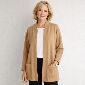 Talbots Camel Tan Cotton Modal Open Front Cardigan Jacket Notch Collar M Pockets